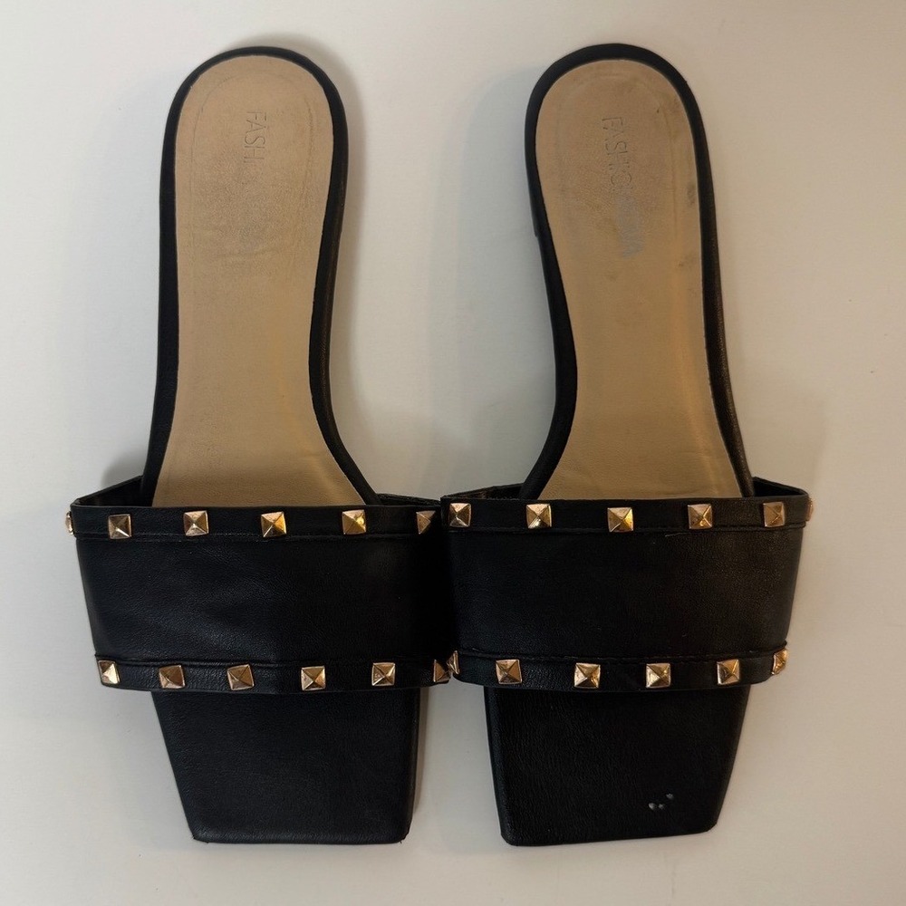 Black Square Toe Studded Slide Sandals Womens Size 8 Gold Studs Casual Chic